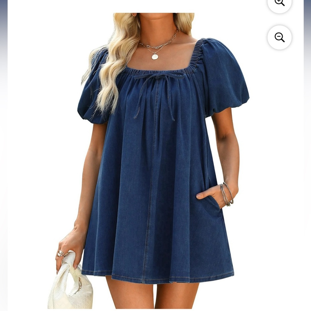 Blue Jean denim dress puff sleeves square neck